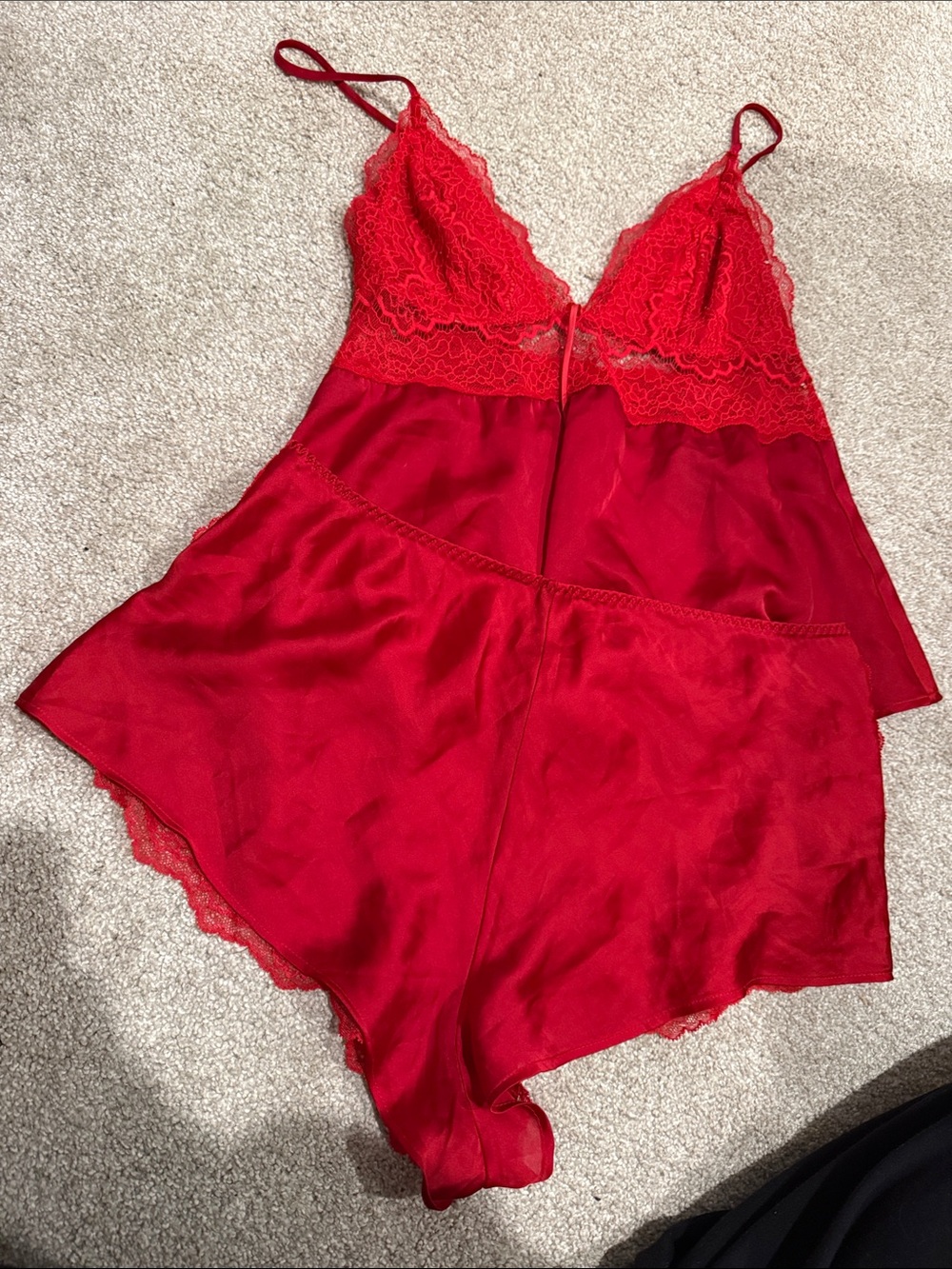 Red Lace Trim Satin set with robe - Women Intimates & Sleepwear